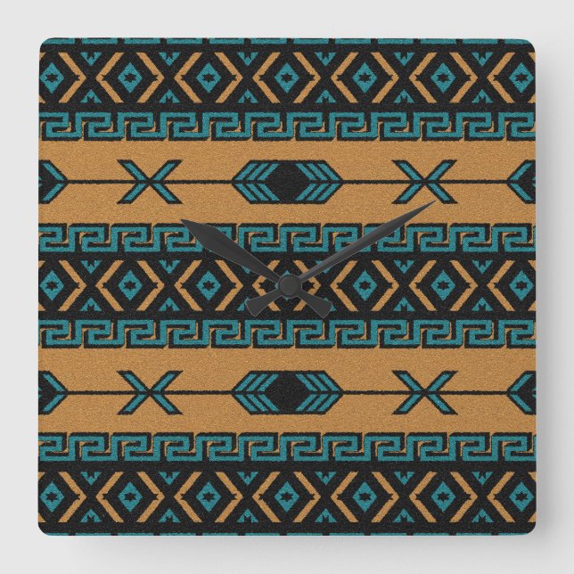 Relógio Quadrado Aztec Padrão Turquoise E Tan Do Sudoeste (Frente)