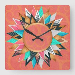 Relógio Quadrado Aztec Sudoeste Decor Rosa Dourado Teal