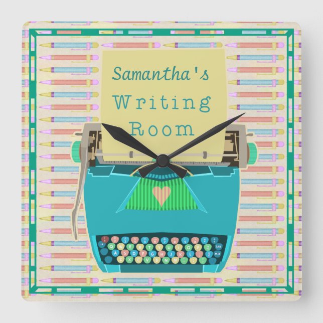 Relógio Quadrado Azul de Autor Personalizado da Sala de Escrevendo  (Frente)