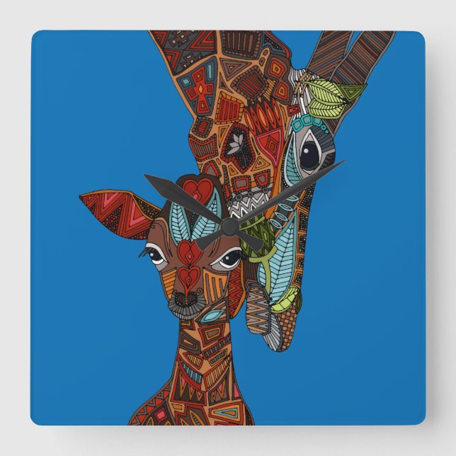 Relógio Quadrado azul do amor do girafa (Frente)