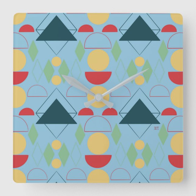 Relógio Quadrado Azul Geométrico do meio século  (Frente)