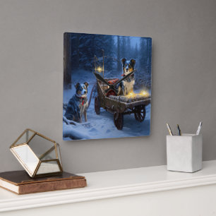 Relógio Quadrado Azul Heeler Snowy Sleigh Decência de Natal