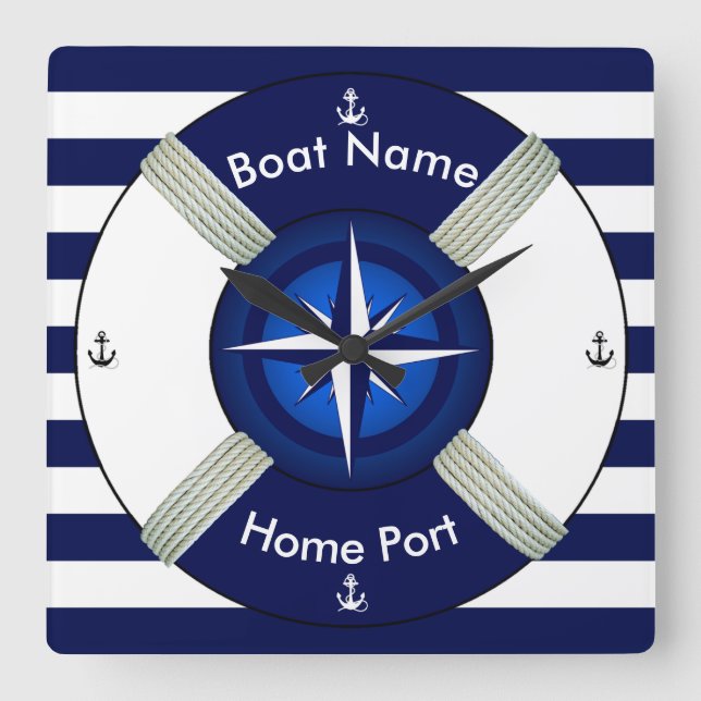 Relógio Quadrado Azul ~Navy & White~ do ~Livesaver do ~Life-Anel de (Frente)