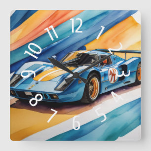 Relógio Quadrado Azul Race Car Aquarela Amarelo