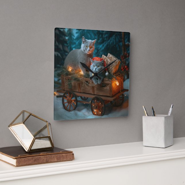 Relógio Quadrado Azul Russo Gato Snowy Sleigh Decência de Natal (Escritório)