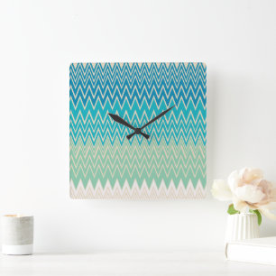Relógio Quadrado Azul Teal, Turquesa e Zigzags Verdes