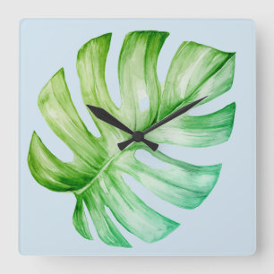 Relógio Quadrado Azul tropical botânico da folha verde de Monstera