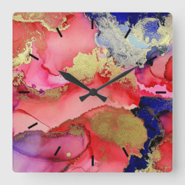 Relógio Quadrado Azul vermelho Dourado Abstrato