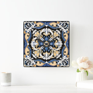 Relógio Quadrado Azulejo Azul Amarelo Branco Preto Espanhol Marroqu