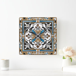 Relógio Quadrado Azulejo Azul Amarelo Branco Preto Espanhol Marroqu