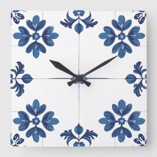 Relógio Quadrado Azulejo Azul Índigo Português Lisboa Decorativo