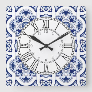 relógio quadrado azulejo azul português