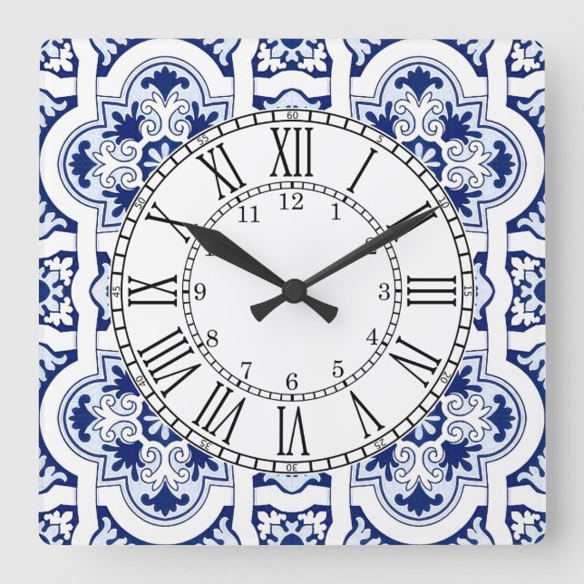 relógio quadrado azulejo azul português (Frente)