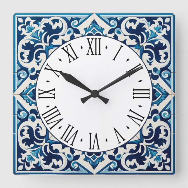 relógio quadrado azulejo azul português (Frente)