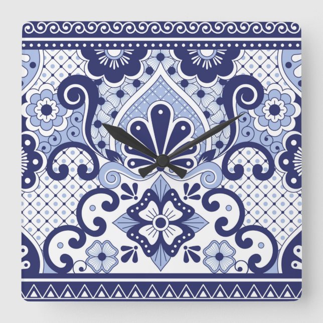 Relógio Quadrado Azulejo de Arte Folclórica Mexicana Azul e Branco (Frente)