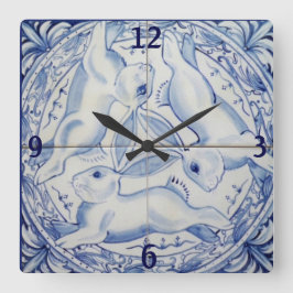 Relógio Quadrado Azulejo de Coelho Azul e Branco Coelho Coelho Três