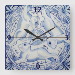 Relógio Quadrado Azulejo de Coelho Azul e Branco Coelho Coelho Três