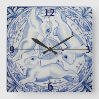 Relógio Quadrado Azulejo de Coelho Azul e Branco Coelho Coelho Três