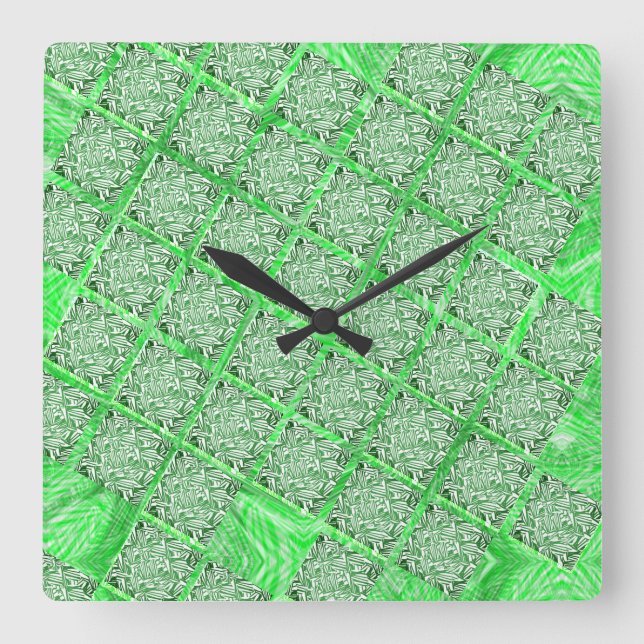 Relógio Quadrado Azulejo falso, fadas verdes folhagens, quadradas. (Frente)