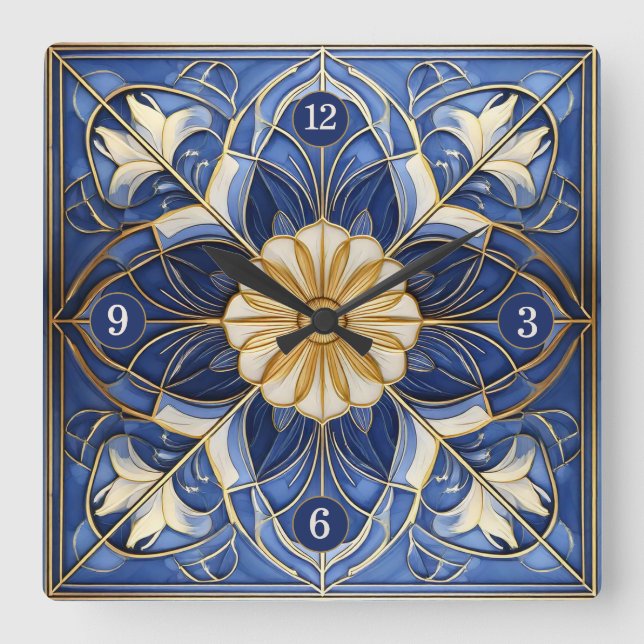 Relógio Quadrado Azulejo Floral Clássico Pat#12 Blue Yellow ID1078 (Frente)