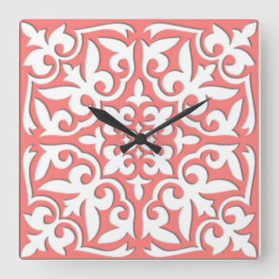 Relógio Quadrado Azulejo marroquino - cor-de-rosa coral e branco
