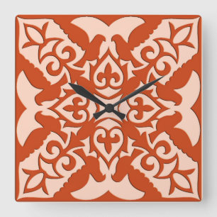 Relógio Quadrado Azulejo marroquino - laranja-coral e pêssego