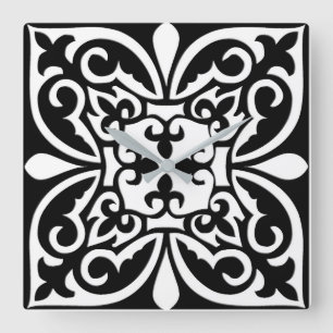 Relógio Quadrado Azulejo marroquino - preto com fundo branco