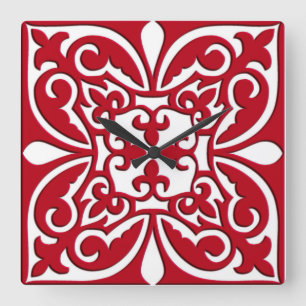 Relógio Quadrado Azulejo marroquino - vermelho escuro e branco
