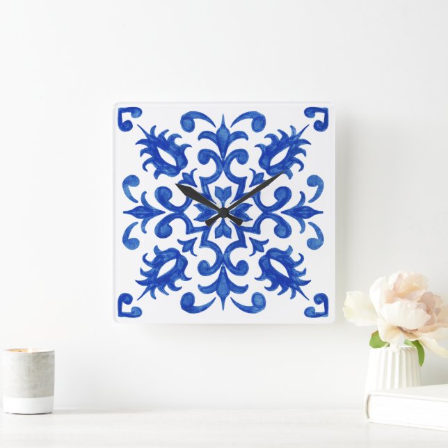 Relógio Quadrado Azulejo Português azul central medalhão redondo (Lar)