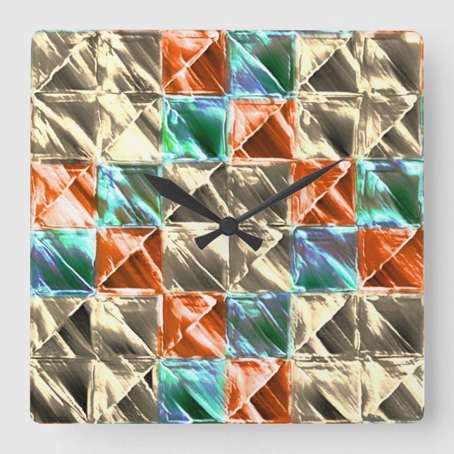 Relógio Quadrado Azulejos de bege, ciano e coral ou manchados (Frente)