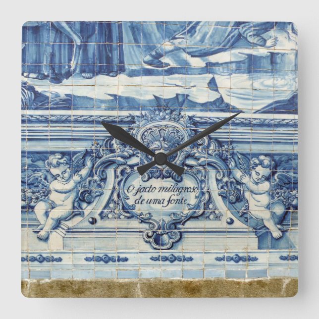 Relógio Quadrado Azulejos de paredes brancas e azuis portuguesas co (Frente)