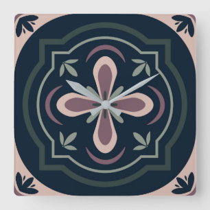 Relógio Quadrado Azulejos Florais Geométricos Terrosos