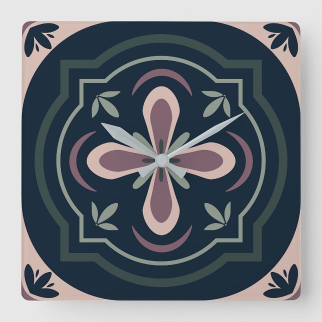 Relógio Quadrado azulejos geométricos florais de cores terrosas (Frente)