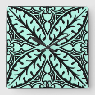Relógio Quadrado Azulejos marroquinos - azul aqua e preto
