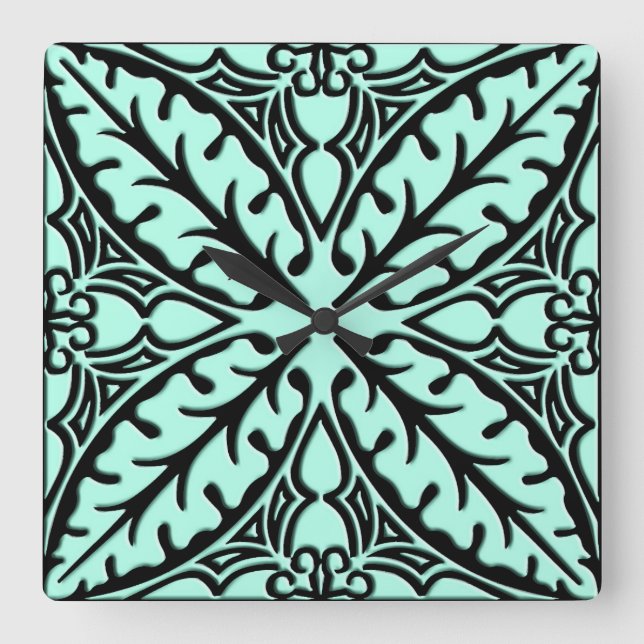 Relógio Quadrado Azulejos marroquinos - azul aqua e preto (Frente)
