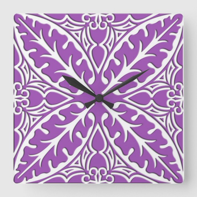 Relógio Quadrado Azulejos marroquinos - violeta e branco (Frente)