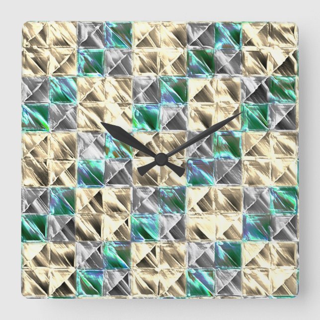 Relógio Quadrado Azulejos ou manchas de menta, bege e prateado (Frente)