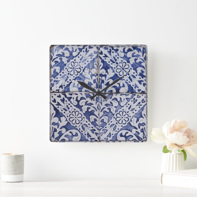 Relógio Quadrado Azulejos Portugueses - Azulejo Azul e Branco Flora (Lar)