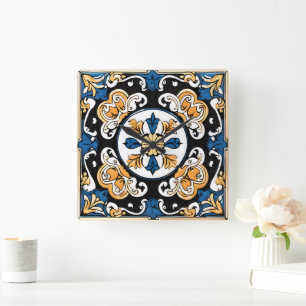 Relógio Quadrado Azuleju Azul Amarelo Branco Preto Espanhol Marroqu