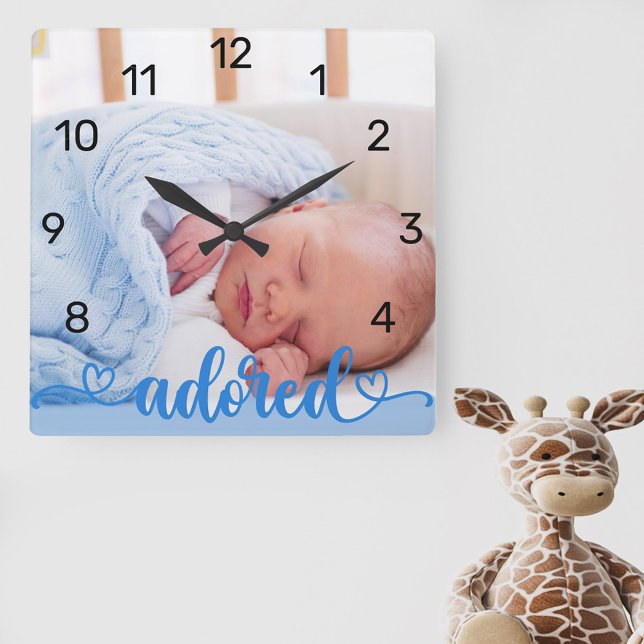 Relógio Quadrado Baby Boy Photo Blue Adoring Calliografia Nursery (New baby photo clock for the nursery lettered with "adored" and decorated with love hearts)