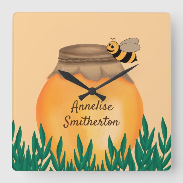 Relógio Quadrado Baby Bumblebee e Honeypot Yellow Child's Nursery (Frente)