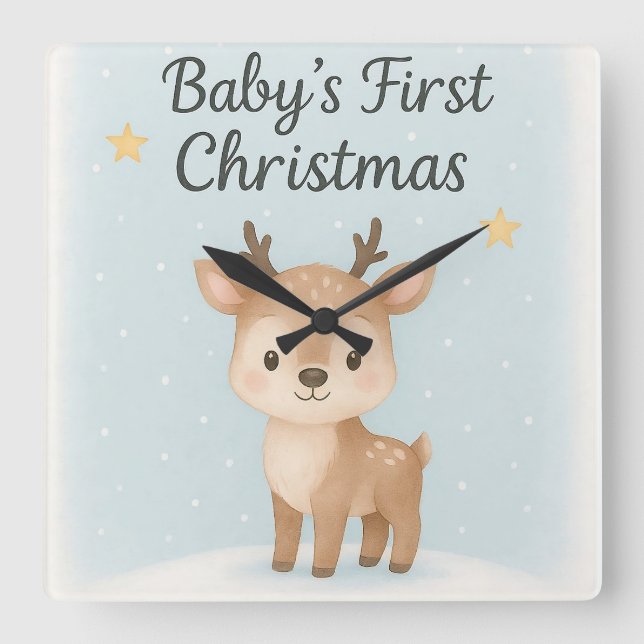 Relógio Quadrado Baby first christmas reindeer cute gentle nursery  (Frente)