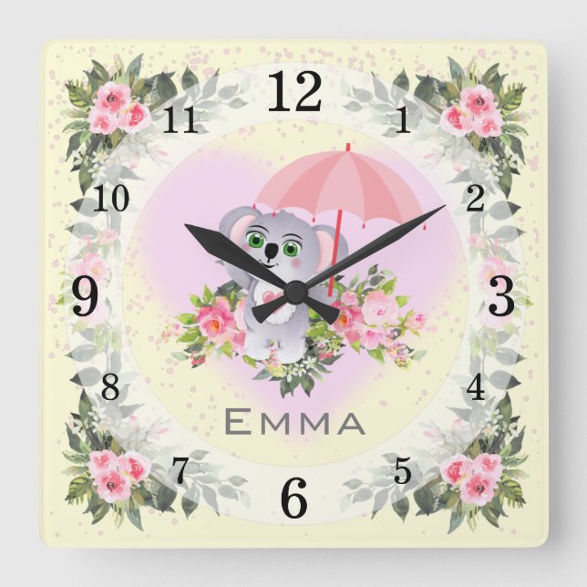 Relógio Quadrado Baby Koala | Nursery Décor | Amarelo personalizado (Frente)