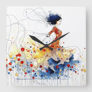 Relógio Quadrado Bailarina de Flamenco em Movimento Multicolorido F