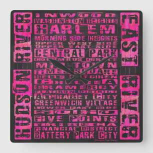 Relógio Quadrado Bairros de NYC Rosa Quente