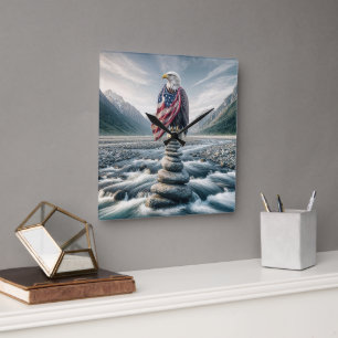 Relógio Quadrado Bald Eagle Com Bandeira Americana No Cairn