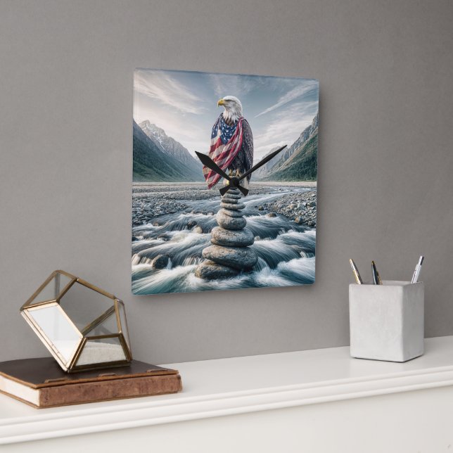 Relógio Quadrado Bald Eagle Com Bandeira Americana No Cairn (Escritório)