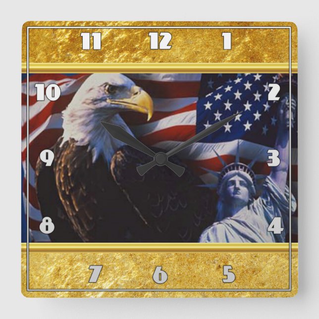 Relógio Quadrado Bald Eagle e Estátua da Liberdade e bandeira ameri (Frente)