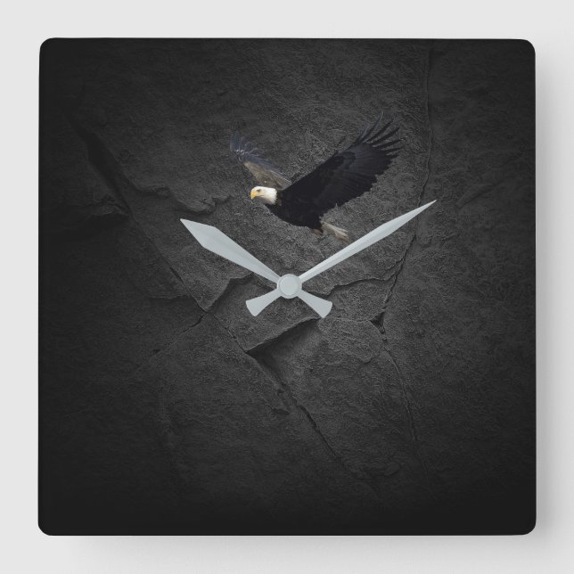 Relógio Quadrado Bald Eagle em rocha negra (Frente)