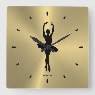 Relógio Quadrado  Balé Dancer Silhouette Em Dourado Metálico